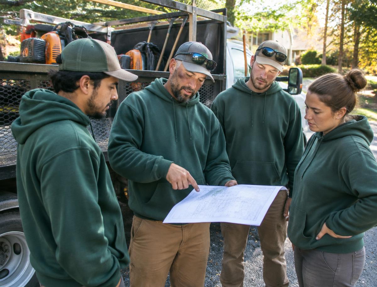 A seasonal business owner reviewing the day's work plan with a crew beside an equipment truck